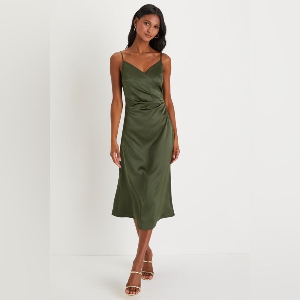 Lulus Simplicity of Love Olive Green‎ Satin A-Line Midi Dress